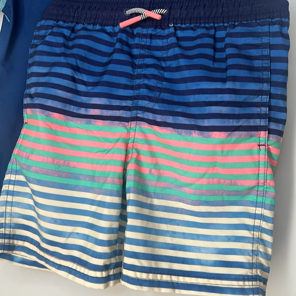 Cat &‎ Jack Blue Pink Cream Striped Swim Shorts Set Navy Short Sleeve Rashguards